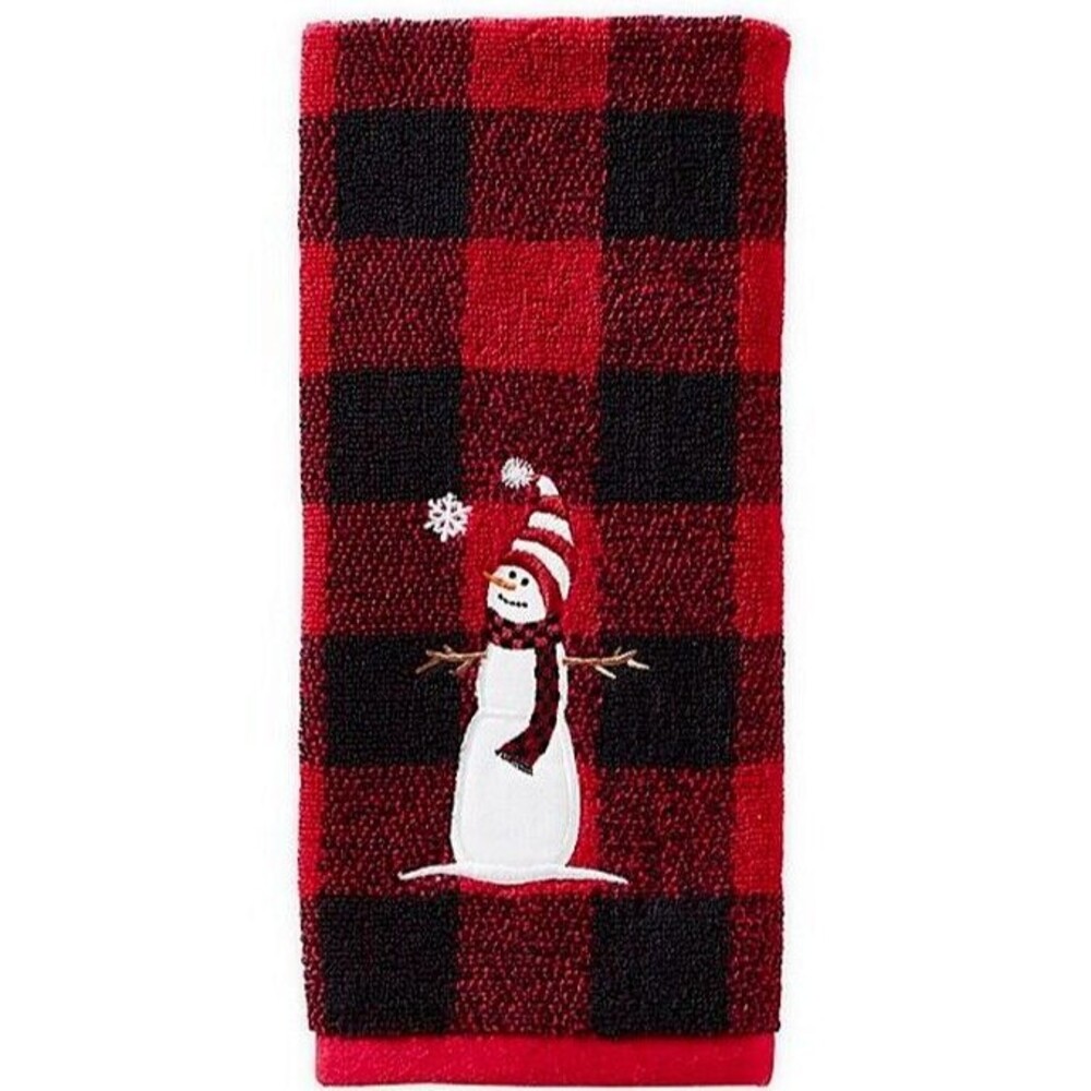 Christmas Winter Snowman Hand Towels Embroidered Buffalo Plaid Set of 2